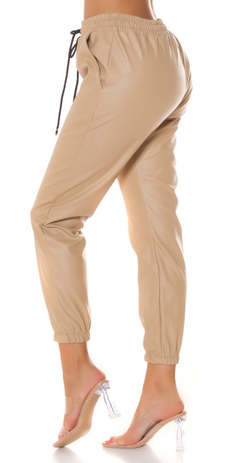 Trendy hoge taille lederlook broek joggingbroekstyle beige